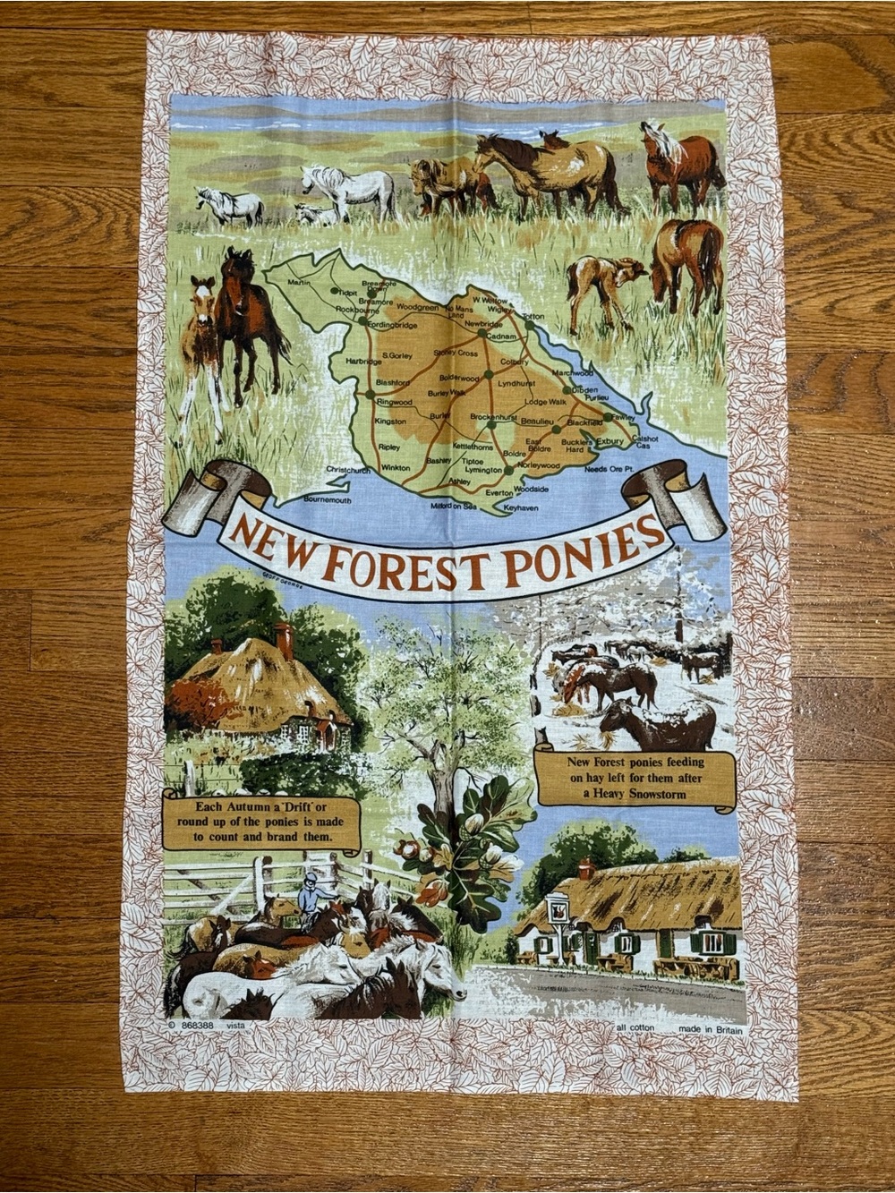 VTG New Forest Ponies Souvenir Tea Towel All Cotton Made in Britain Map (Vista)